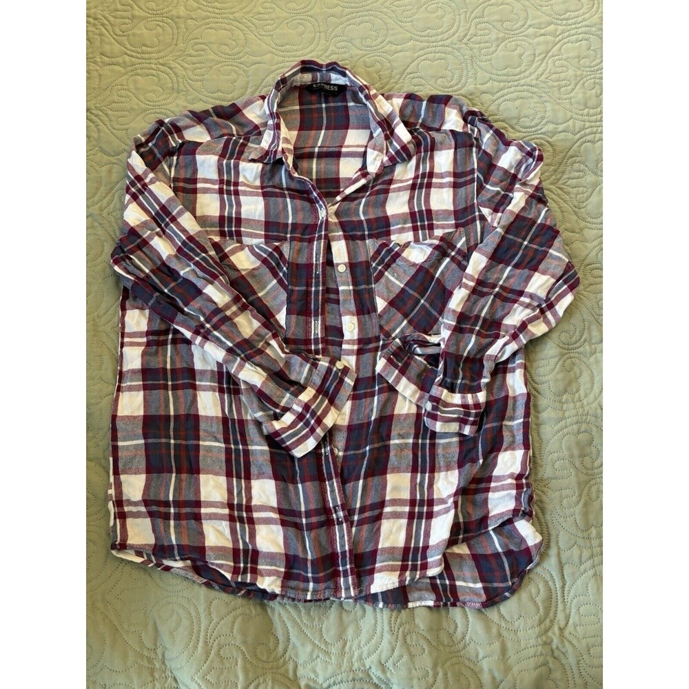 Express Mens Plaid Flannel Button Up Shirt Medium Red White Blue Lightweight